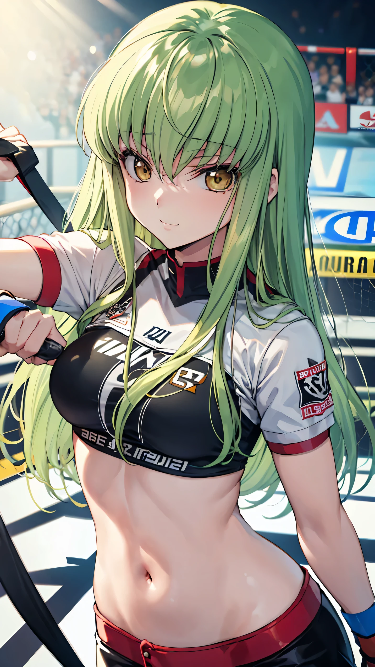 CC_Code Geass, Hair between the eyes, Very long hair 1 person, Bright light, smirking, alone, upper body shot, From above, Fighting, (masterpiece, Highest quality), 8k, Intricate details, (on MMA Arena :1.5), (wearing MMA uniform:1.5, white tops and black bottoms:1.3), belly button,Slender body,Slim,((Highest quality)), Sharp focus: 1.2, Highly detailed face, Highly detailed eye,Toned stomach,