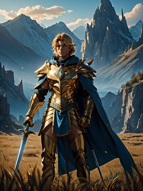 a warrior in detailed golden armor with a flowing blue cloak stands in a field of tall grasses, mountains in the background. one...