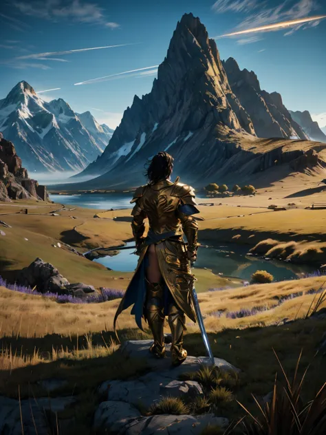 a warrior in detailed golden armor with a flowing blue cloak stands in a field of tall grasses, mountains in the background. one...