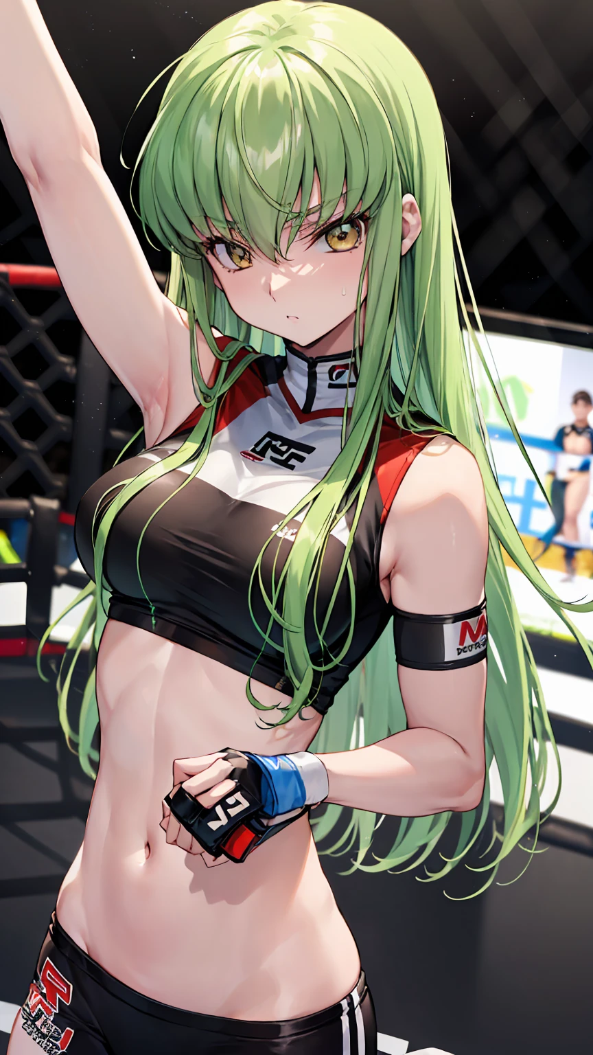 CC_Code Geass, Hair between the eyes, Very long hair 1 person, Bright light, glaring, alone, upper body shot, From above, Fighting, (masterpiece, Highest quality), 8k, Intricate details, (on MMA Arena :1.5), (wearing MMA uniform:1.5, white tops and black bottoms:1.3), belly button,Slender body,Slim,((Highest quality)), Sharp focus: 1.2, Highly detailed face, Highly detailed eye,Toned stomach,on front,