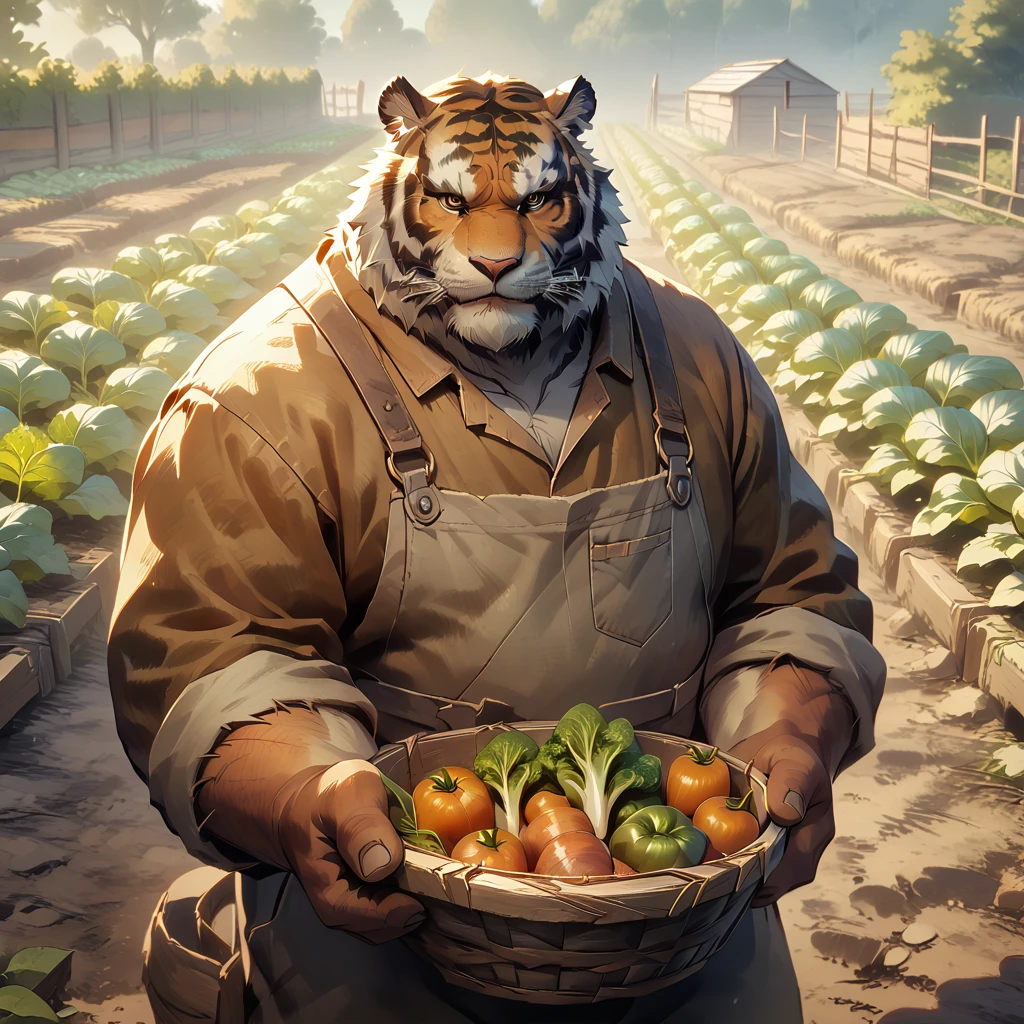 ((whole body)), (farmer), ((plump middle-aged tiger man)), standing, harvesting vegetables, (brown eyes), beautiful beard, (male face), (big face:0.5), square jawline, (Male Eyes:1.2), (sharp eyes:0.8), (big eyes:0.5), male eyebrows, (innocent look:0.5), fluffy body, BREAK vegetable garden, highly detailed,