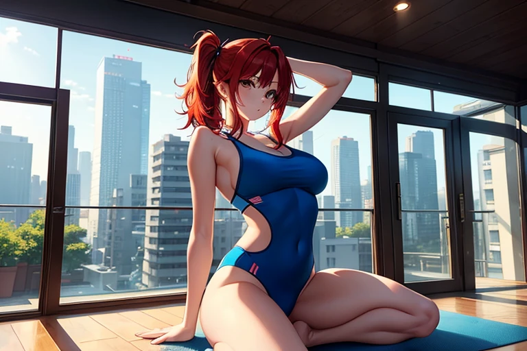 A woman with red hair that reaches her shoulders, Large Breasts, Wearing blue sportswear that fits the body, in a splits pose on the wooden floor.. She is sitting with one leg stretched out to the side、and the other leg raised high。, He holds her raised leg with one hand.. She seems to be in a yoga or exercise studio with large windows., Natural light、Soft shadows are created. The background depicts an urban landscape., Creates a calm yet dynamic atmosphere. The overall lighting is bright and natural, Emphasize the warm color tones of the scene.