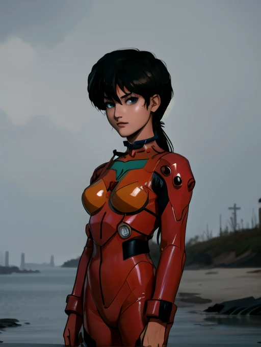 Ranma Saotome. Black hair. Grey eyes. small breasts. choker. evangelion cosplay costume. fallout vault suit. beach. rain. tan line
