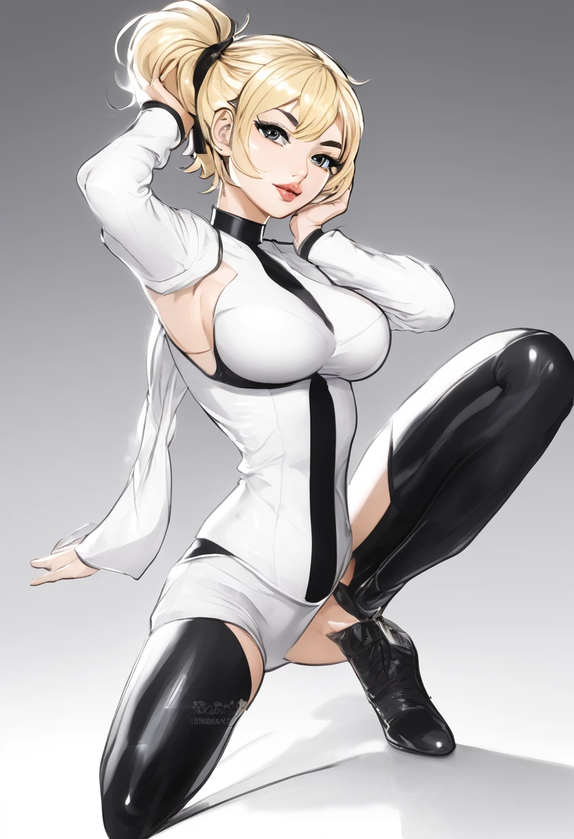 (high quality, 8k, 4k, high contrast, artwork:1.2, high quality, better aesthetics, Super detailed, NSFW), 1woman, erotic, (detailed face, shy expression, expression anxiety), (1woman, 1.7 meters high), Whole body, (D Cup Breasts, Perfect Breats, big breasts)!!, (perfect thighs, thin hips), (Blonde hair, short hair, lori loud hair style, unraveling hair), (hourglass Figure, Skinny body, slender body)!!, naked, completely naked,(long legs, thin legs), (Detailed hands, 5 fingers), (detailed feet, feet tip toes pose, 5 fingers, ((feet))), (detailed beautiful mouth, lipstick Black) (Multiple angle, standing pose, full body pose, Crossed arms, stooped posture)!!, (skittish posture, stooped posture)!!, White background