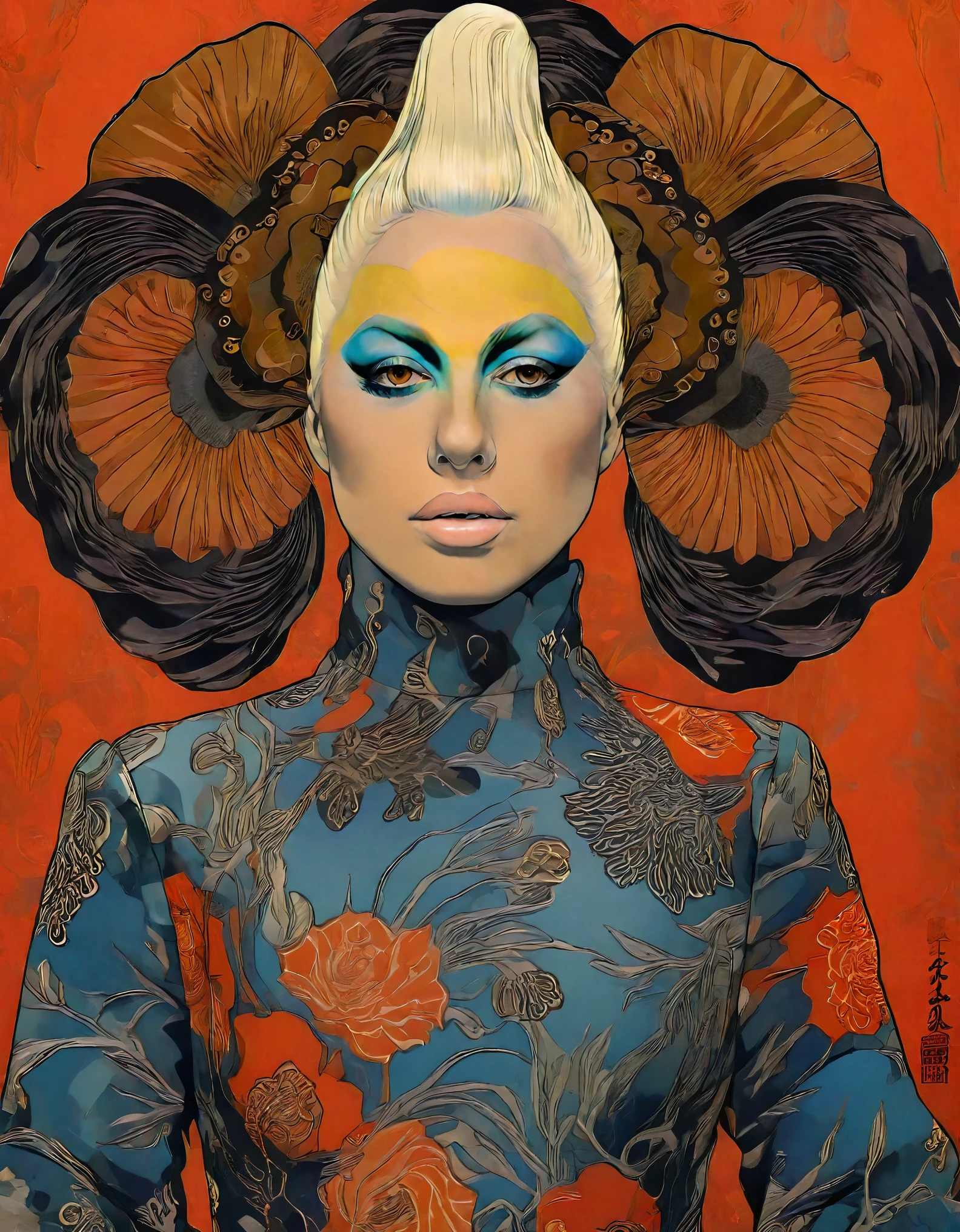 Lady Gaga by Tsutomu Nihei,(strange but extremely beautiful:1.4),(masterpiece, best quality:1.4),in the style of nicola samori,Mantis, Ukiyo-e Art,Erik Madigan Heck Style page,portrait,illustration,drawing,outline,bold outline,symmetry,tattoo design ,Alex Gross Style page