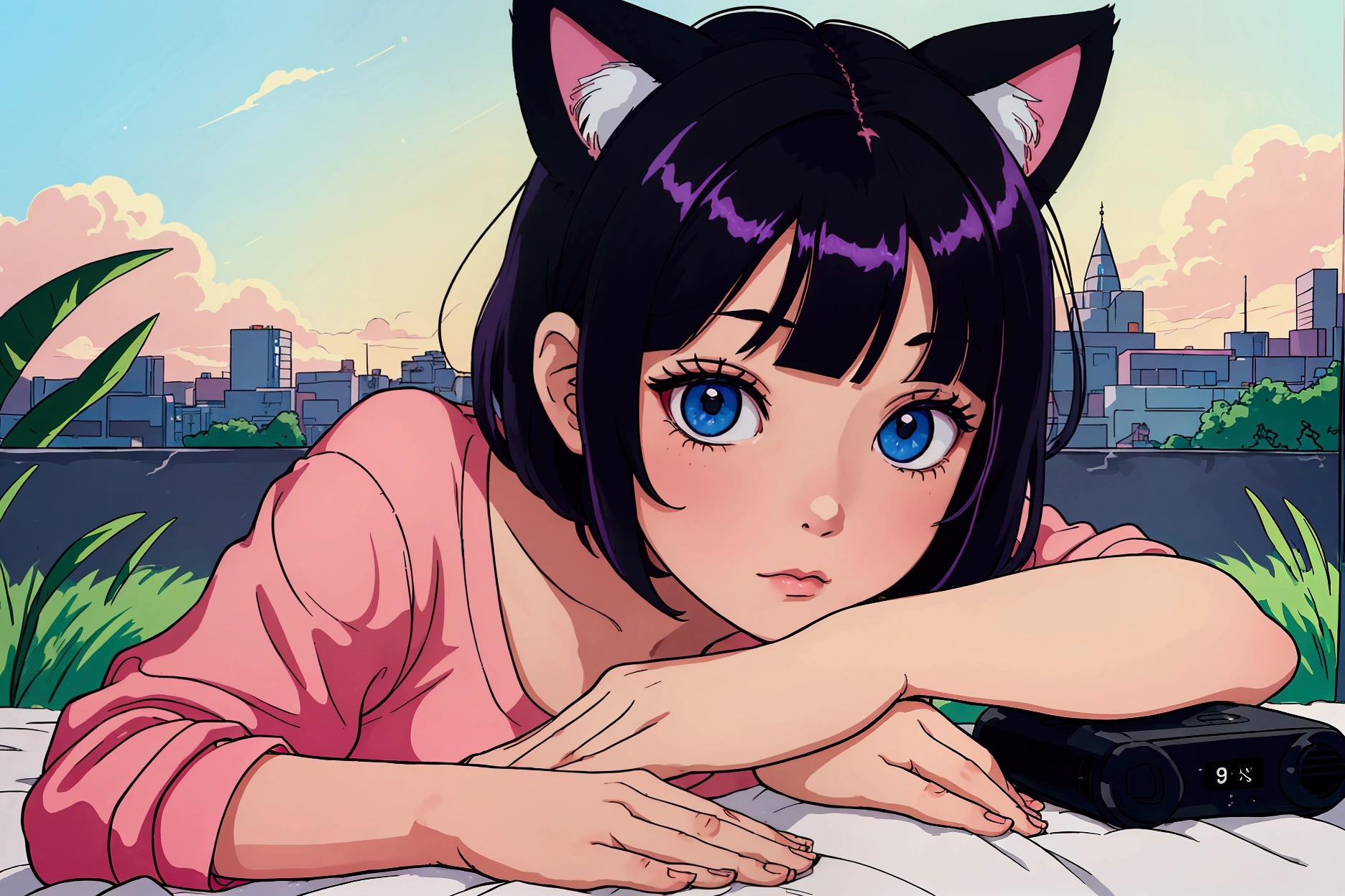 A girl with short black hair and cat ears, shiny hair with a relaxing atmosphere, listening to music, and the detailed and vibrant colors, reflecting an 80s and 90s anime aesthetic, mixed with a touch of Fujifilm aesthetics. The girl has beautiful eyes, and the entire composition is in 4K, capturing the lofi aesthetic with a soft and tranquil atmosphere.