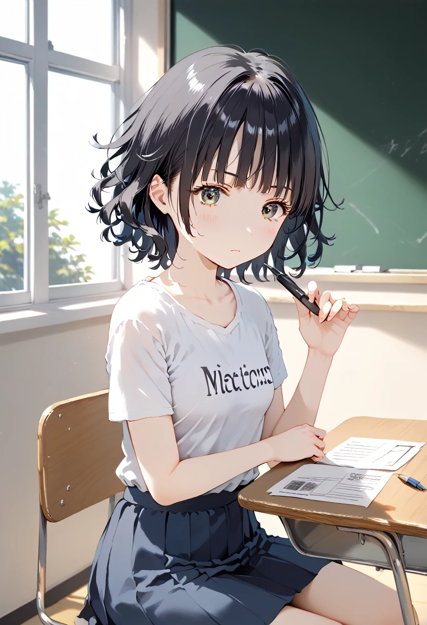 score_9, score_8_up, score_7_up, 1girl, (masterpiece), (best quality), (ultra detailed),(disheveled hair),(illustration),A woman is sitting in the classroom, girl, woman classmate, in the campus classroom, this woman classmate is wearing a white T-shirt, short black hair, holding a pen in his hand, there are test papers, there are books, the lens is mainly featured on the upper body, in the Loepfe art style ((Xinhai City), popular in CGStation, Xinhaicheng H 2160, inspired by Bian Shoumin, Xinhaicheng, Kavasi, Guvitz style, high-quality pictures, 4K, 8K, resolution,