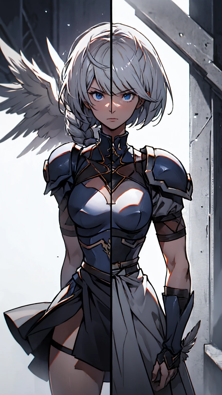 Highly detailed, High Quality, Masterpiece, beautiful,
BREAK 1girl, cowboy shot SplitScreen, split screen, "2B", short black skirt, black blindfold, white hair, (short bob cut), BREAK 1girl, cowboy shot, SplitScreen, split screen, "Lenneth", blue plate armor, winged helmet, long white hair, (single braid),LennethVP, armored dress