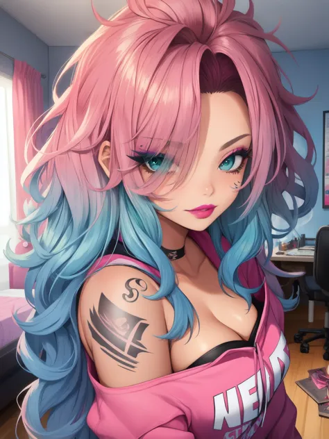 masterpiece, adult, pink themed room, woman with green to blue ombre hair, lipstick, tattoos, bangs, messy hair, eye shadow, smo...