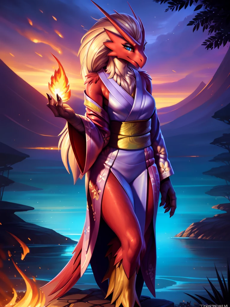 uploaded on e621, ((Blaziken)) by Pixelsketcher, by Bayard Wu, by Thomas Benjamin Kennington , by Einshelm, anthro, ((portrait)), BREAK, ((kimono:1.2)), wearing a kimono, long flowing kimono, red kimono, fire design on kimono, full body kimono)), (detailed Bonifasko lighting), (detailed feathers), (detailed fur), (female Blaziken), BREAK, ((long flowing hair)), ((facing viewer)), (cinematic lighting), ((detailed background)), ((upper body portrait view)), (((portrair view))), (half body shadow), [backlighting], [crepuscular ray], [detailed ambient light], [gray natural lighting], [ambient light on the belly], (higher wildlife feral detail), [sharp focus], (shaded), ((masterpiece), medium breasts, furry Blaziken, bird face, furry Fantasy Art, furry Art, Commission for High Res, anthro Art, POV furry Art,Sakimichan beautiful, masterpiece, best quality, detailed image, bright colors, detailed face, perfect lighting, perfect shadows, perfect eyes, girl focus, blue eyes, flawless face, face focus, long flowing kimono, bird girl, feathers, feathers woman, large long muzzle, colorful feathers, gaze at the viewer, half-closed eyes, 1girl, full body, (masterpiece:1.21), (best quality:1.2), (illustration:1.2), (cinematic lighting:1.3), detailed fur, balanced coloring, global illumination, ray tracing, good lighting, feathers, anthro, looking at viewer, (standing outside, in volcano, fire and snoke, woman looking at viewer, woman looking at camera, fire in open hands, in a fighting pose, wearing red kimono