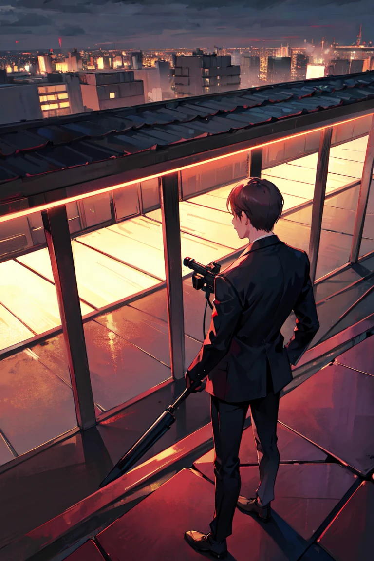 Stand on the roof of a building(), In a suit、Black shirt,Black jacket,Black Pants,Sniper,RPG,Big Plan, spy, Night view, over the scope