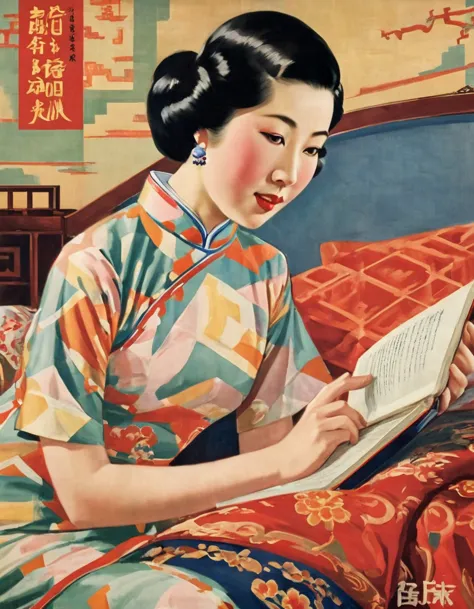 highest quality、masterpiece,retro image of a chinese poster from the 1930s,(oil painting style:1.2),1 chinese woman,(geometric q...