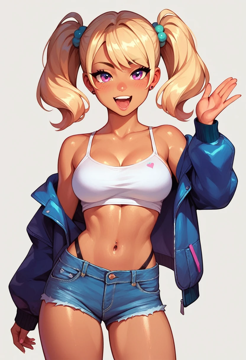 One Girl　Provocative smile　,Jacket,High Leg,Open your mouth　　whole body　　Exposed shoulders　Exposed Skin　Denim hot pants　Twin tails　Figure pose　sexy　Brat