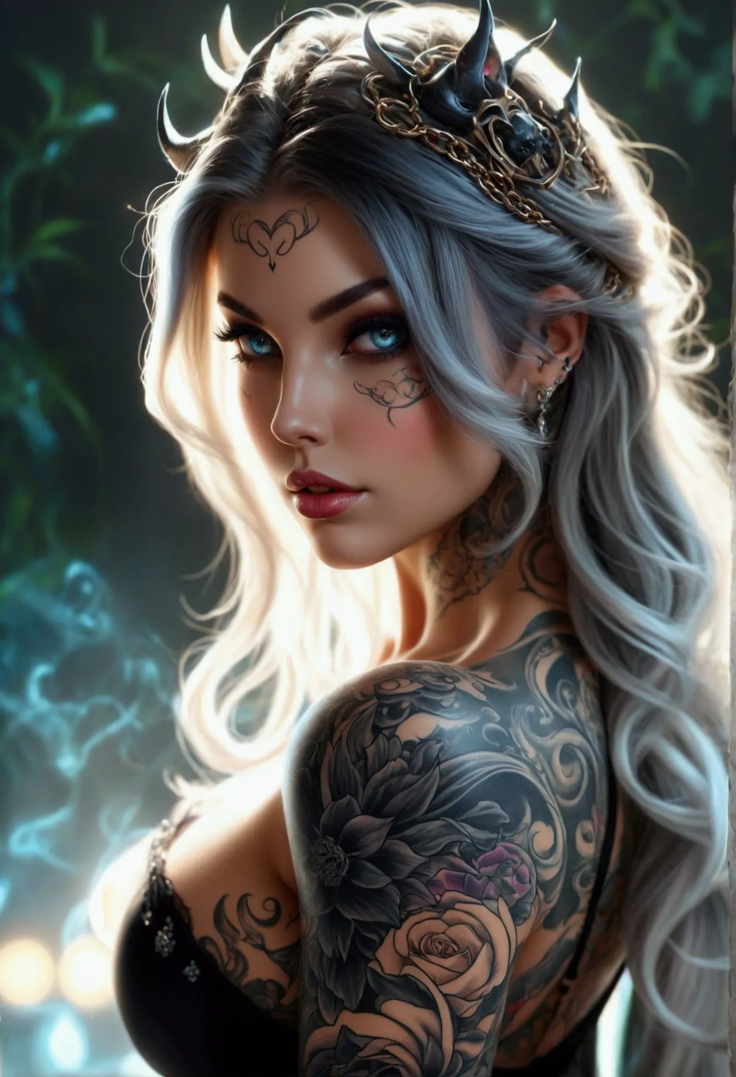 create a hyper detailed photograph of a perfectly simetrical tattooed curved young sexy female deathknight, stunningly perfect g...