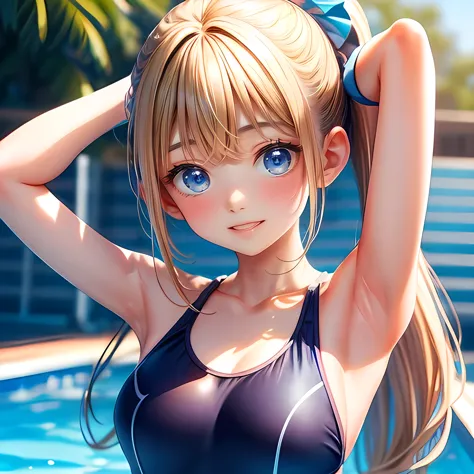 (perfect anatomy, balanced ratio, very cute illustration:1.1), poolside, open your mouth、blonde, blue eyes, wavy long hair, pony...