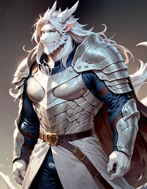 male dragon anthro, pure white body, solo,, by null-ghost, long hair, beard, warrior, pauldron, modern outfit, longcoat, armor