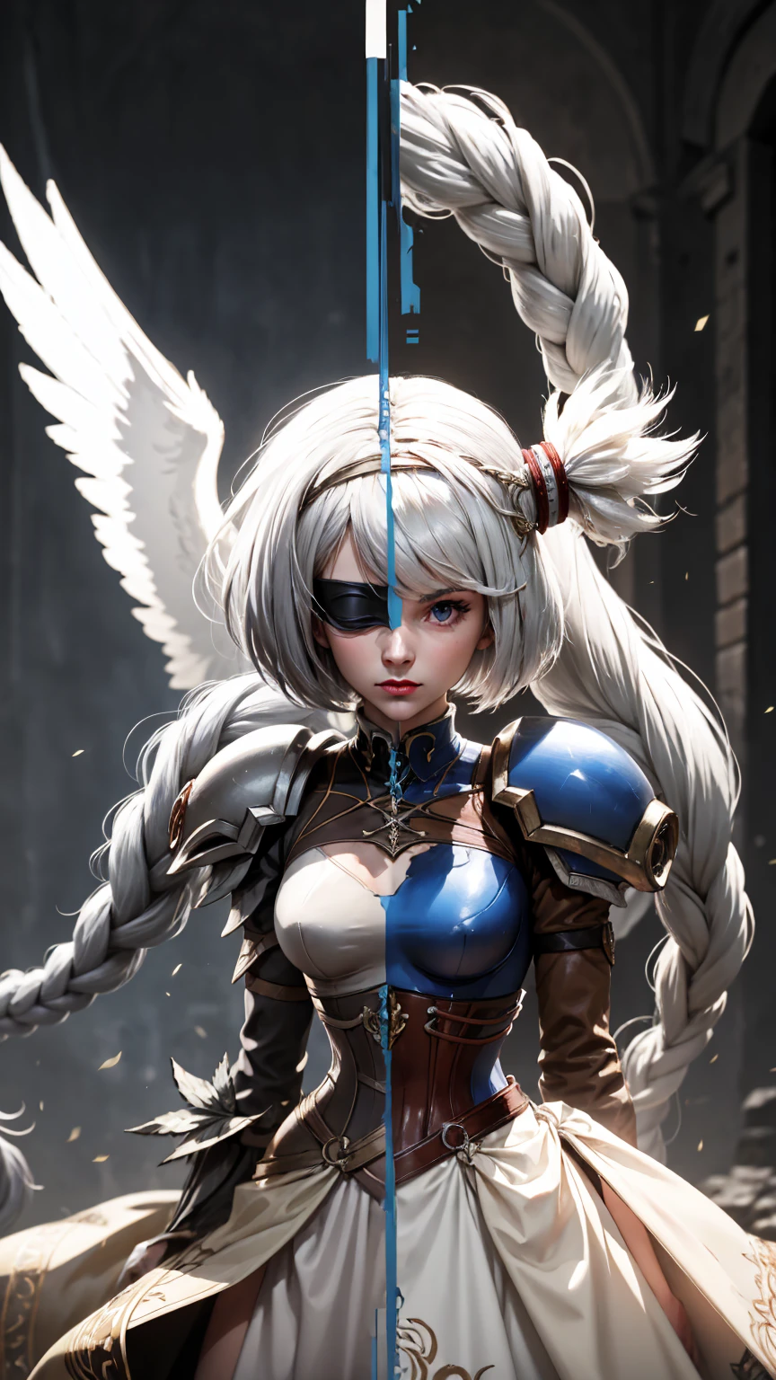 Highly detailed, High Quality, Masterpiece, beautiful,
BREAK 1girl, cowboy shot SplitScreen, split screen, "2B", black micro skirt, black corset top, black blindfold over eye, white hair, (short bob cut), BREAK 1girl, cowboy shot, SplitScreen, split screen, "Lenneth", blue plate armor, winged helmet, long white hair, (single braid),LennethVP, armored dress