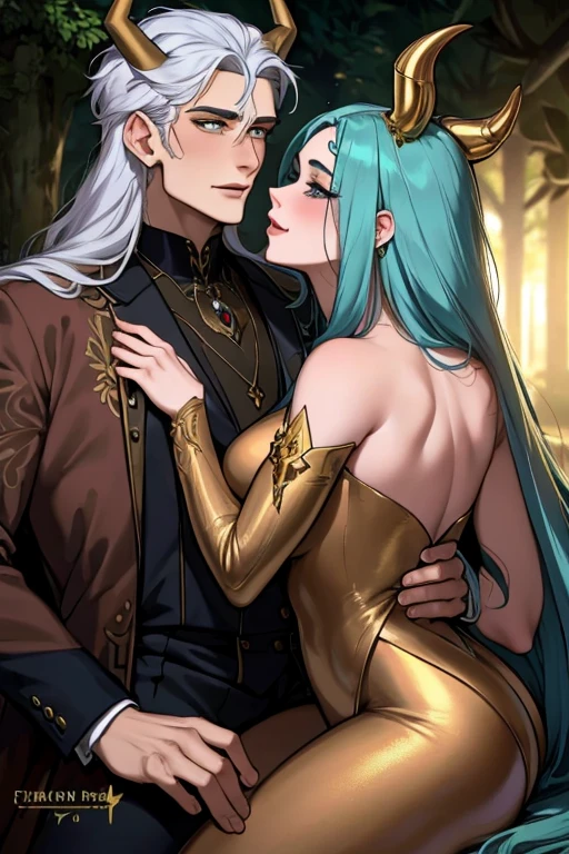 One man. One woman. Perfect faces. Perfect hands. A young silver haired man with gold eyes and gold horns in a fancy suit is kissing a teal haired woman with golden eyes and golden horns and an hourglass figure wearing a golden gown in a creepy forest with big smiles