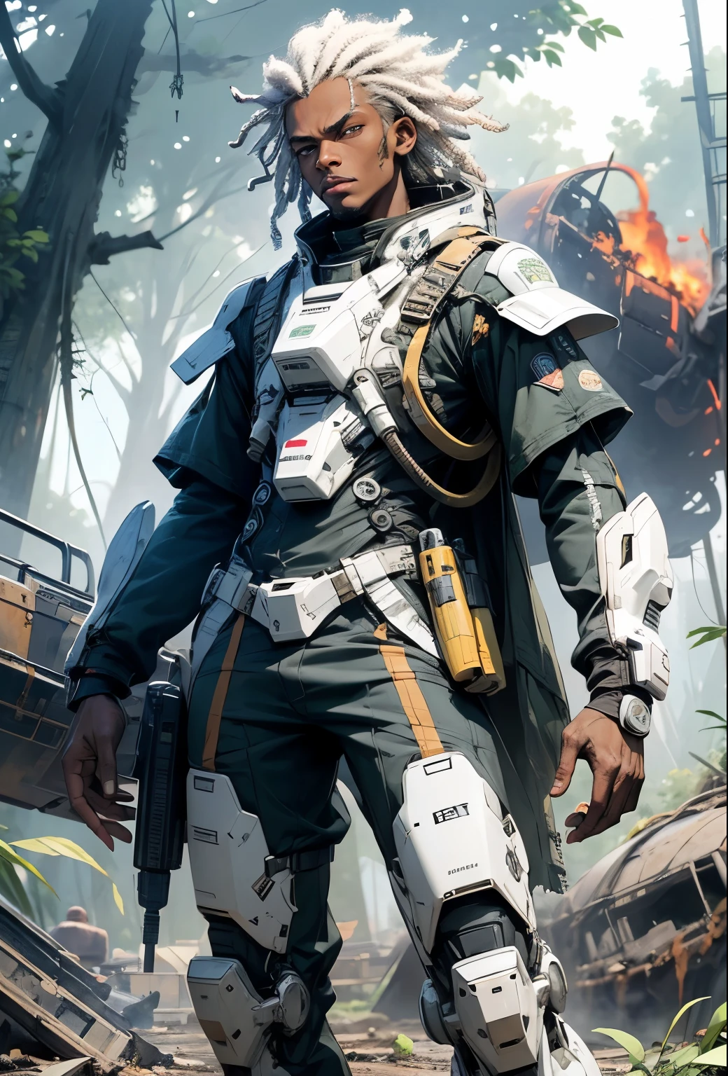 advanced jet pilot, male, dark skin(African), albinism, extremely short curly white dreads, tired, helmet off, grizzled features, pistol on right hip, standing next to fiery wreckage of a crashed futuristic military jet(on fire), very advanced futuristic jet, crashed in a lush forest, rule of thirds, high quality background, ultra detailed scenery, ultra sharp focus, perfect professional photo