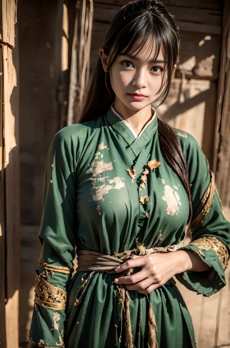 female guan yu, fantasy theme, beautiful, huge eyes, cute, skinny, small waist, small hip, long straight hair, smaller saggy bre...