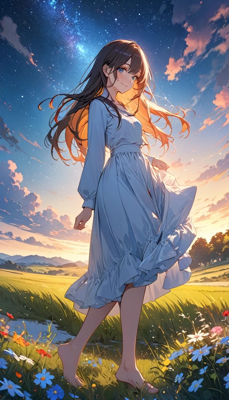 ((4K,masterpiece,Highest quality)), A girl who dresses modestly, alone, Long Hair, smile, Are standing, barefoot,grassland,Starry Sky,Cloudy,Wildflowers are in full bloom,Vibrant colors,Illustration art,Anime Art,