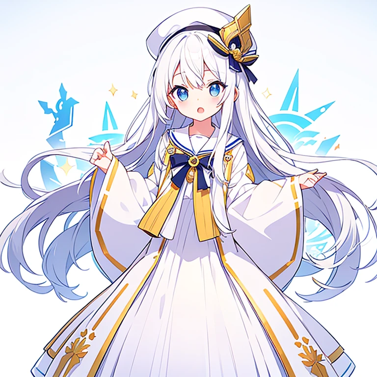 Mouth open、Pure white background、tachi-e、Standing still、Hands at sides、White hat with gold decoration、Long white hair、Sailor&#39;White uniform