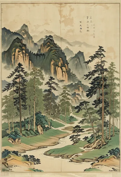 ink, surrounded by mountains, 北方的山川河flow, flow, loose and orderly woods, different trees, quiet picture, high-definition quality