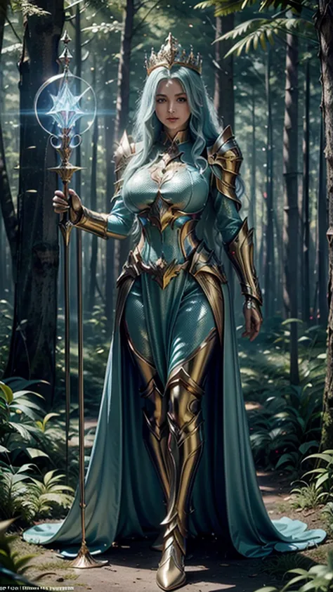 in a pleasant forest, women full body, legs thick, hips. wearing a blue suit of paladin powers, futurist. armadura templária com...