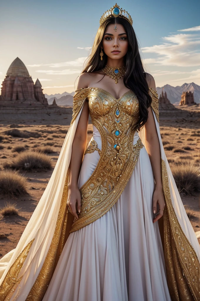 A regal, humanoid princess from the fictional planet of Barsoom, a stunningly beautiful woman with piercing green eyes, long, flowing golden hair, and a slender yet athletic physique, dressed in a flowing white and gold gown, adorned with intricate, interlocking metallic plates that shimmer in the light, with a delicate, gemstone-encrusted crown resting upon her raven-black locks, set against a backdrop of a breathtaking, alien landscape with towering, crimson-hued mountains and a deep, cerulean sky.