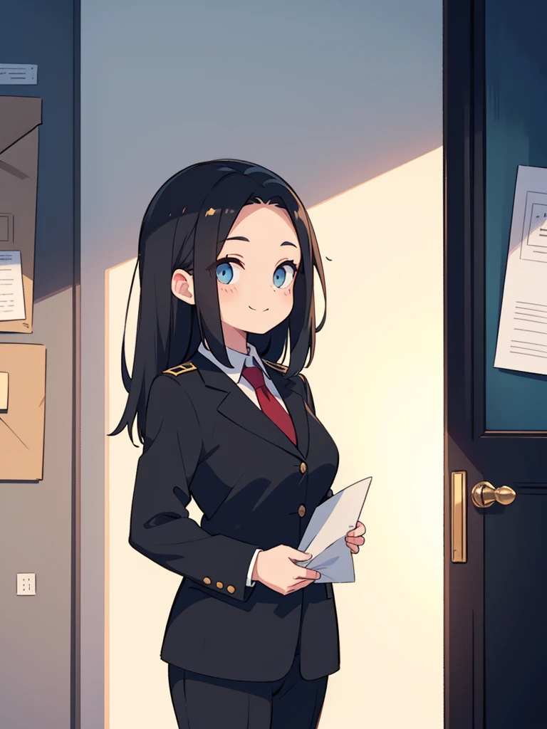 a female lawyer，Smiling, Black medium long straight hair,No bangs on forehead， black professional suit, Professional eyes，Standing and looking at the envelope with calm eyes, Smooth and fair skin, simple interior environment, Uniform lighting, gentle shadow, Professional and clean atmosphere, Front view, close up 