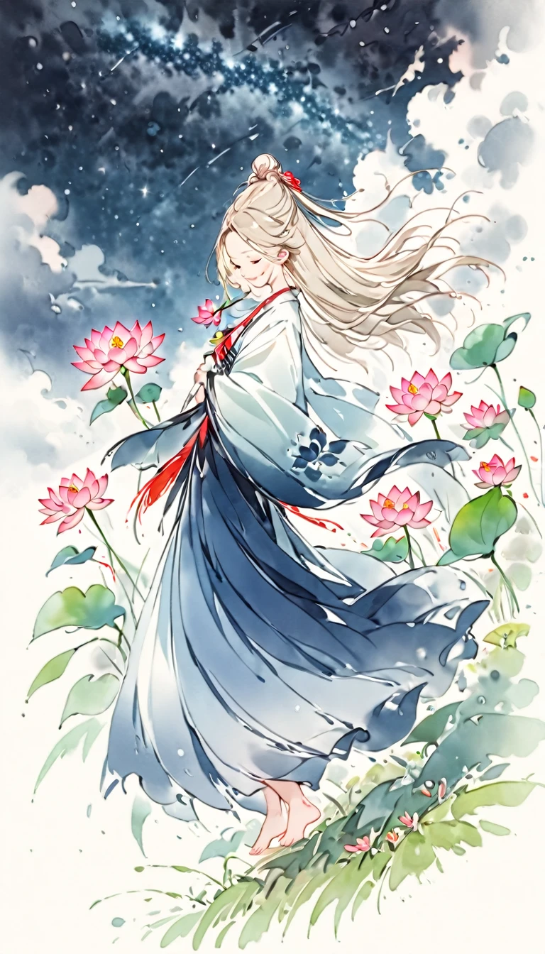 ((4K,masterpiece,Highest quality)), Watercolor,Lotus, A girl who dresses modestly, alone, Silver blonde long hair, smile, Are standing, barefoot,grassland,Starry Sky,Cloudy,Wildflowers are in full bloom,Vibrant colors,Illustration art,Anime Art,