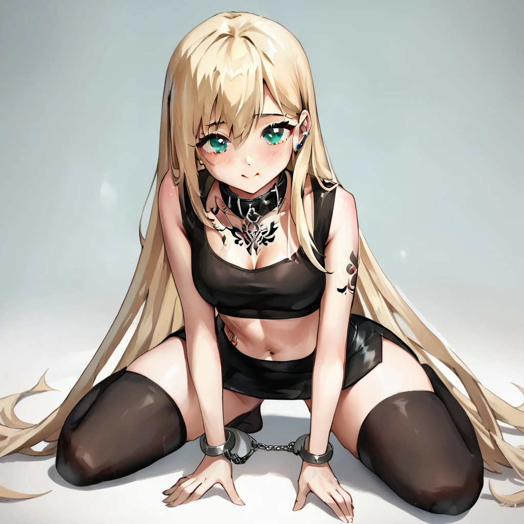 black pencil skirt, black long sleeve top, only the navel, blonde hair, Very long hair, straight hair, Cute, slender body, thin legs, Black thigh high stockings, Nylon stockings, hands in black leather handcuffs, masochistic, whole body, on the knees, leather handcuffs, calf tattoo, large collar around the neck, 18 years, cute face, bent over, kneeling, submissive look,  Big boobs, thick ass