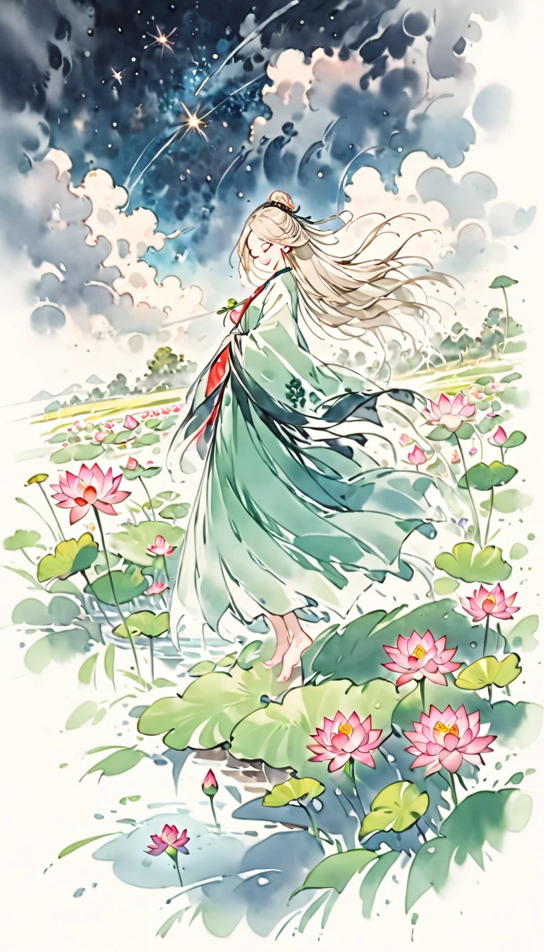 ((4K,masterpiece,Highest quality)), Watercolor,Lotus, A girl who dresses modestly, alone, Silver blonde long hair, smile, Are standing, barefoot,grassland,Starry Sky,Cloudy,There is a pond,Wildflowers are in full bloom,Vibrant colors,Illustration art,Anime Art,