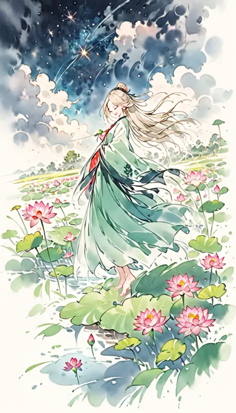 ((4k,masterpiece,highest quality)), watercolor,lotus, a girl who dresses modestly, alone, silver blonde long hair, smile, are st...