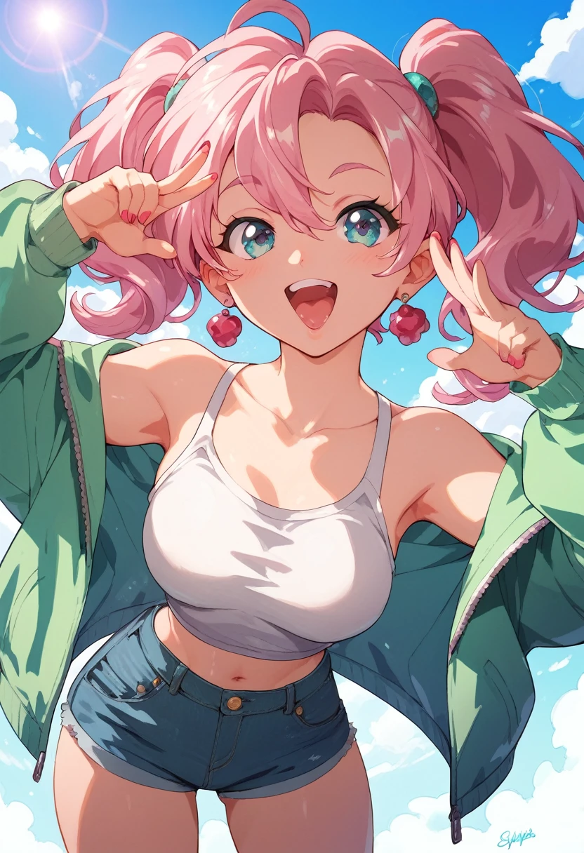 One Girl　Provocative smile　,Jacket,High Leg,Open your mouth　　whole body　　Exposed shoulders　Exposed Skin　Denim hot pants　Twin tails　Figure pose　sexy　Brat　White skin