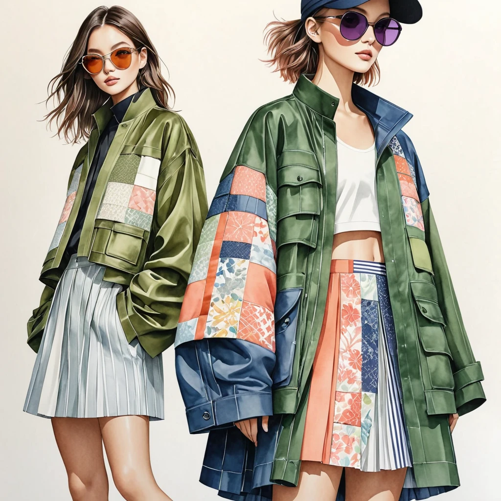 candid fashion illustration of young supermodels, 18-20 year old, tall and slender, ((showcase in fashionable spring-summer outfits, in modern and elegant sportwear style, Mixed Linen cloth with collage or patchwork technique with woven ethnic motifs fabric. combination of olive green, deep purple with the touch of coral pink, green lime and blue color.  inspired by the designer Yohji Yamamoto 2024 collection, oversized jacket with patchwork or Sashiko details. pleat skirt, completes the look with sneakers and sunglasses. the model is relax pose, Captured a full-body photo, dynamic low angle, ((present in watercolor painting on white paper background), realistic fashion illustration, realistic pencil lines, imperfect drawing, charcoal lines detail, fading sketch, fashion Sketching, (full body photo), symmetrical body, 