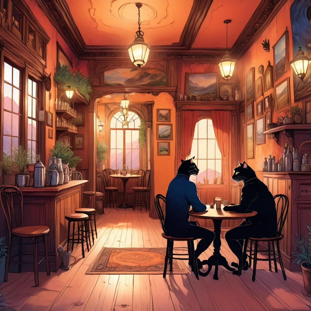 A cafe owned by a giant wildcat deep in the mountains, two young gentlemen stumble in, intricate details, stunning painting, highly detailed, photorealistic, 8K, highest quality, dramatic lighting, somber atmosphere, warm colors, cozy interior, wooden furniture, glowing fireplace, delicate textures, ornate decor, mysterious, whimsical, fantasy