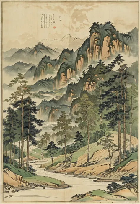 ink, surrounded by mountains, 北方的山川河flow, flow, loose and orderly woods, different trees, quiet picture, high-definition quality