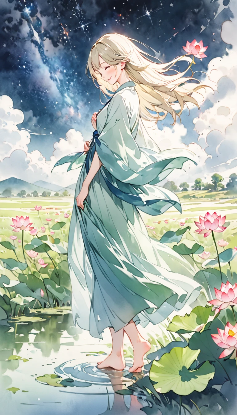 ((4K,masterpiece,Highest quality)), Watercolor,Lotus, A girl who dresses modestly, alone, Silver blonde long hair, smile, Are standing, barefoot,grassland,Starry Sky,Cloudy,There is a pond,Wildflowers are in full bloom,Vibrant colors,Illustration art,Anime Art,