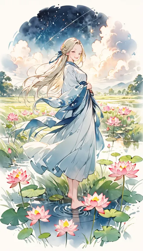 ((4k,masterpiece,highest quality)), watercolor, a girl who dresses modestly, alone, silver blonde long hair, smile, are standing...