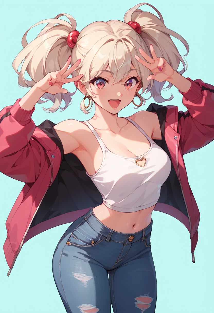 One Girl　Provocative smile　,Jacket,High Leg,Open your mouth　　whole body　　Exposed shoulders　Exposed Skin　Denim hot pants　Twin tails　Figure pose　sexy　Brat　White skin