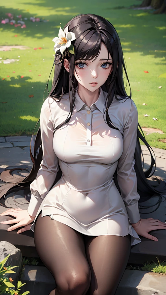 Anime Girl, Realistic shadows, Delicate skin, The breasts are very small, Black Hair, Very detailed, 8k highly detailed face, Perfect face shape, Full, perfect lips, Perfect nose, Correction of beautiful eyes, Viewers, White shirt, Hair Flower, masterpiece, best quality, Single Girl, not good, No, Solitary