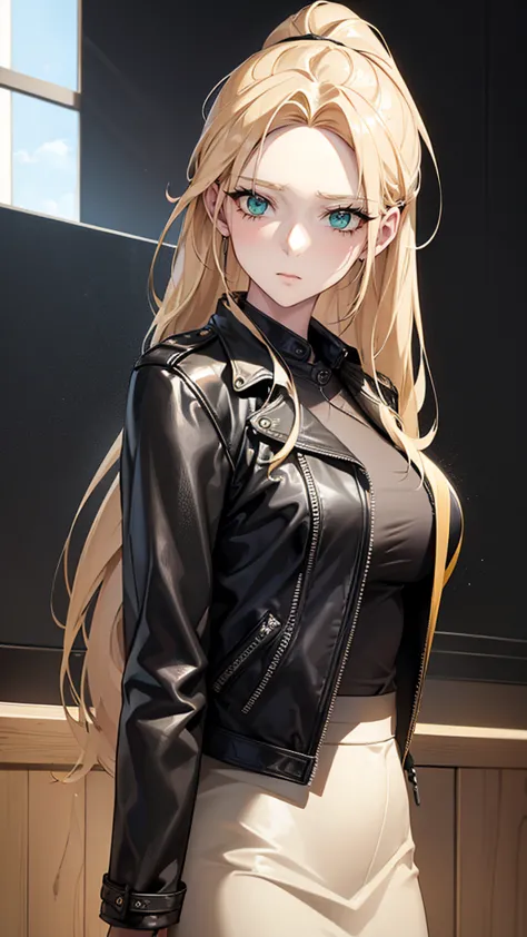 1 girl, solitary, face, portrait, long hair, ponytail, blonde hair, green eyes, large breasts, (black leather jacket:1.2) , clev...