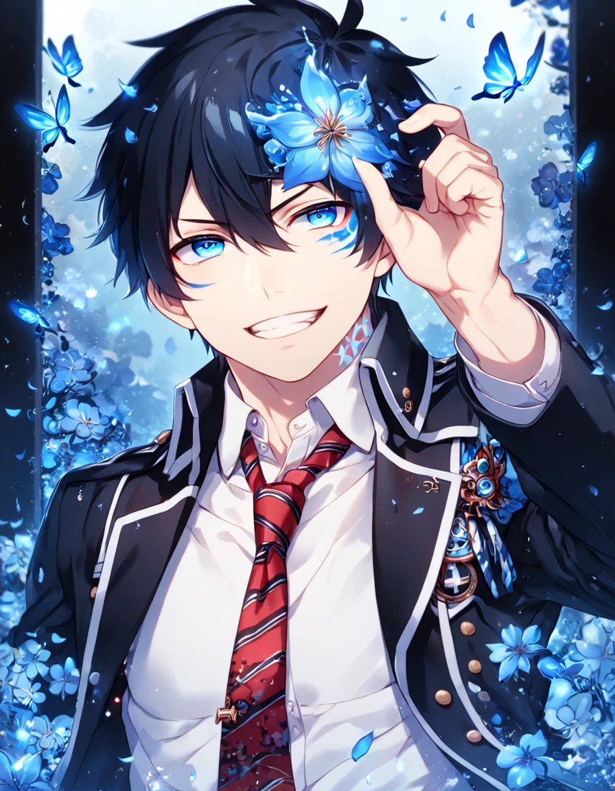 absurdres, highres, ultra detailed, HDR, master piece, best quality, extremely detailed, detailed eyes, detailed face, Okumura Rin, black hair, expressive blue eyes, Ao No Exorcist, solo, sexy man, handsome, sensual, smiling, demon,  adult face, manly man, black jacket, white shirt, red necktie, blue radiant butterflies, blue petals, blue flowers, magical, fantasy, crystalline, flower gate, blue flames