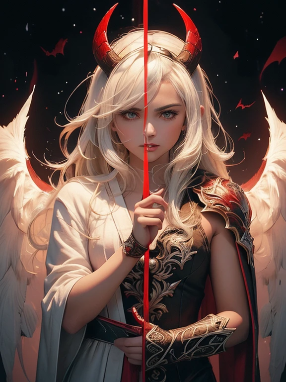 (2 character), (1 beautiful female angel, fine white robes, white feather wings), facing (1 male demon,  goat horns, dark robes, bat wings, red skinned), high resolution, Masterpiece artwork, Textured skin, cinematographic, (whole body)