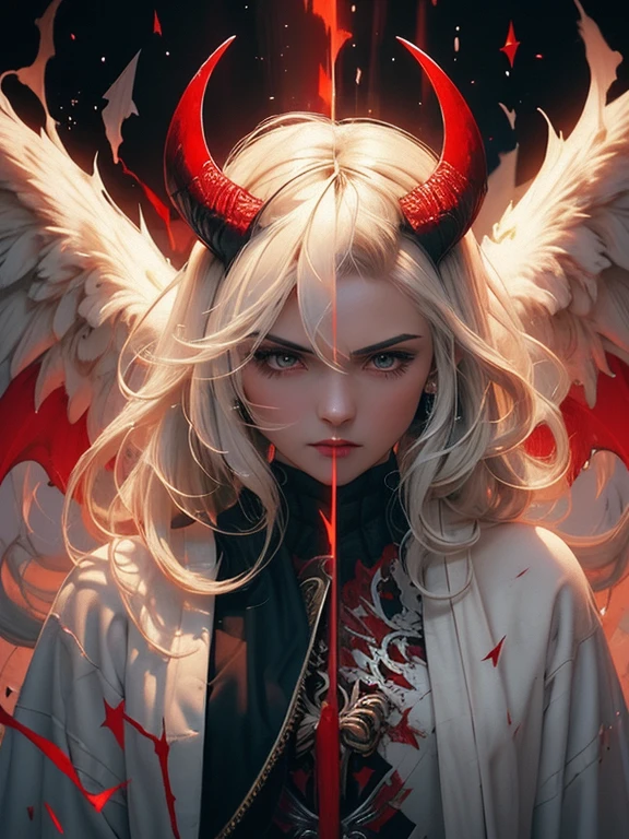 (2 character), (1 beautiful female angel, fine white robes, white feather wings), facing (1 male demon,  goat horns, dark robes, bat wings, red skinned), high resolution, Masterpiece artwork, Textured skin, cinematographic, (whole body)