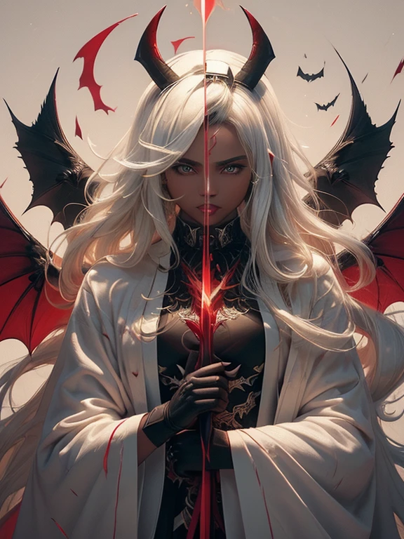 (2 character), (1 beautiful female angel, fine white robes, white feather wings), facing (1 male demon,  goat horns, dark robes, bat wings, red skinned), high resolution, Masterpiece artwork, Textured skin, cinematographic, (whole body)