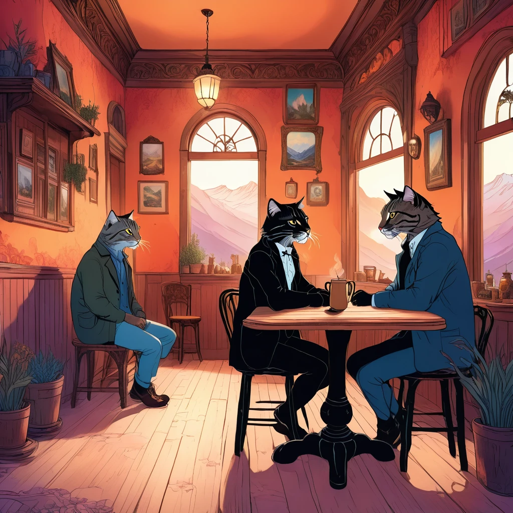 A cafe owned by a giant wildcat deep in the mountains, two young gentlemen stumble in, intricate details, stunning painting, highly detailed, photorealistic, 8K, highest quality, dramatic lighting, somber atmosphere, warm colors, cozy interior, wooden furniture, glowing fireplace, delicate textures, ornate decor, mysterious, whimsical, fantasy