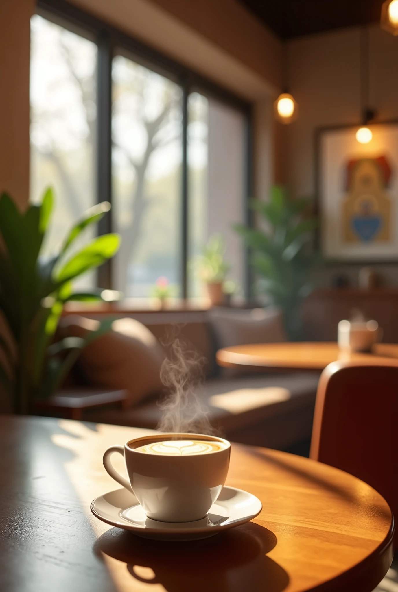 An award-winning masterpiece of interior design, depicting a cozy modern coffee shop with warm, inviting tones and beautifully crafted details. The room is filled with natural light streaming through large windows, casting soft shadows and enhancing the atmosphere. A hot cup of coffee sits on a polished wooden table, with delicate steam rising into the air, adding a sense of warmth and comfort.

The shop's interior features stylish, contemporary furnishings, with plush seating, warm wood textures, and elegant lighting fixtures that create a relaxed yet sophisticated ambiance. The walls are adorned with subtle artistic touches, and potted plants add a refreshing pop of greenery throughout the space.

Soft bloom effects from the natural light and specular highlights on the polished surfaces enhance the beauty of the materials used in the design. The atmosphere is further enriched by the gentle play of light on the interior decor, with the steam from the coffee subtly catching the light, creating a comforting, tranquil scene.

This composition seamlessly blends modern aesthetics with cozy charm, creating an inviting space where every element—from the warm lighting to the beautifully designed furniture—works together to evoke a sense of comfort and refined elegance.