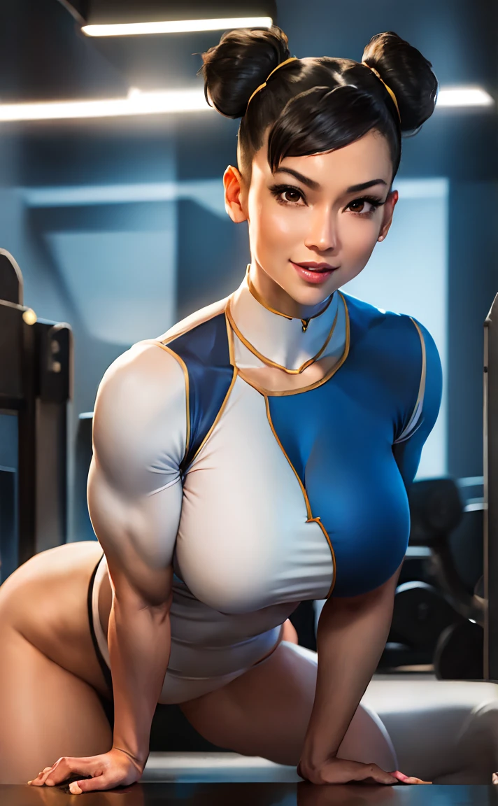 tall woman,  Age 32 , white skin color , Bblack hair , big boobies , defined curves , tight sex  clothes with a very plunging neckline, chun li , gym scenario , pose sexy (high qualiy) ​masterpiece , Grinning